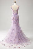 Mauve Mermaid Off the Shoulder Appliqued Long Corset Prom Dress With Slit