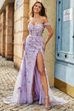 Mauve Mermaid Off the Shoulder Appliqued Long Corset Prom Dress With Slit