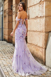 Mauve Mermaid Off the Shoulder Appliqued Long Corset Prom Dress With Slit