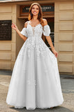 White A-Line Puff Sleeves Long Bridal Dress with Appliques