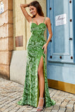 Olive Mermaid Spaghetti Straps Long Appliqued Bridesmaid Dress With Slit