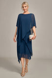 Navy Chiffon A-line Scoop Neck Mother of the Bride Dress