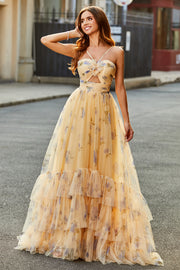 Yellow Tulle A Line Cut Out Long Tiered Prom Dress With Print