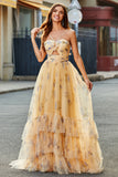 Yellow Tulle A Line Cut Out Long Tiered Prom Dress With Print