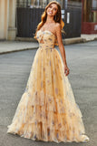 Yellow Tulle A Line Cut Out Long Tiered Prom Dress With Print