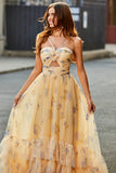 Yellow Tulle A Line Cut Out Long Tiered Prom Dress With Print