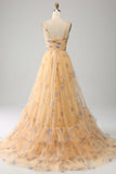 Yellow Tulle A Line Cut Out Long Tiered Prom Dress With Print