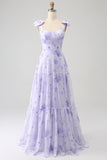 Lilac Floral Print A-Line Lace Up Floor Length Bridesmaid Dress
