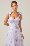 Lilac Floral Print A-Line Lace Up Floor Length Bridesmaid Dress