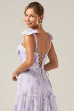 Lilac Floral Print A-Line Lace Up Floor Length Bridesmaid Dress