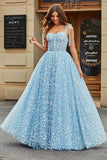 Sky Blue A Line Beaded Long Corset Prom Dress With Adjustable Straps