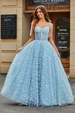 Sky Blue A Line Beaded Long Corset Prom Dress With Adjustable Straps