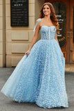 Sky Blue A Line Beaded Long Corset Prom Dress With Adjustable Straps