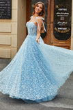 Sky Blue A Line Beaded Long Corset Prom Dress With Adjustable Straps