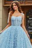 Sky Blue A Line Beaded Long Corset Prom Dress With Adjustable Straps