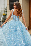 Sky Blue A Line Beaded Long Corset Prom Dress With Adjustable Straps