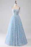 Sky Blue A Line Beaded Long Corset Prom Dress With Adjustable Straps