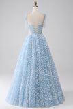 Sky Blue A Line Beaded Long Corset Prom Dress With Adjustable Straps