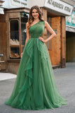 Glitter Dark Green One Shoulder Ball Gown Ruffled Prom Dress with Slit