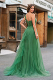 Glitter Dark Green One Shoulder Ball Gown Ruffled Prom Dress with Slit