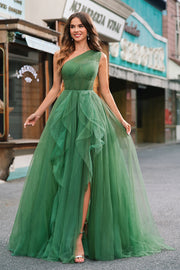 Glitter Dark Green One Shoulder Ball Gown Ruffled Prom Dress with Slit