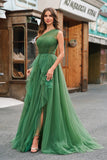 Glitter Dark Green One Shoulder Ball Gown Ruffled Prom Dress with Slit