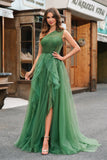 Glitter Dark Green One Shoulder Ball Gown Ruffled Prom Dress with Slit