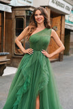 Glitter Dark Green One Shoulder Ball Gown Ruffled Prom Dress with Slit