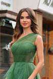 Glitter Dark Green One Shoulder Ball Gown Ruffled Prom Dress with Slit