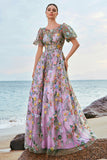 Mauve Ball-Gown/Princess Embroidered Prom Dress with Short Sleeves