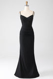 Black Beaded Mermaid Spaghetti Straps Long Prom Dress With Ruffles