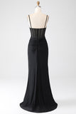 Black Beaded Mermaid Spaghetti Straps Long Prom Dress With Ruffles