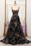Black A-Line Flower Sequins Long Corset Prom Dress