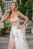 Ivory Sweetheart Embroidered Long Corset Prom Dress with Slit