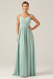 Matcha A-Line Spaghetti Straps Backless Pleated Long Bridesmaid Dress