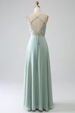 A-Line Matcha Spaghetti Straps Backless Maternity Bridesmaid Dress