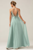 Matcha A-Line Spaghetti Straps Backless Pleated Long Bridesmaid Dress