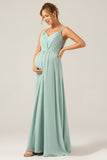 A-Line Matcha Spaghetti Straps Backless Maternity Bridesmaid Dress