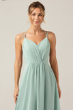 A-Line Matcha Spaghetti Straps Backless Maternity Bridesmaid Dress