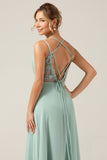 A-Line Matcha Spaghetti Straps Backless Maternity Bridesmaid Dress