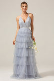 Grey Blue A Line Tiered Tulle Backless Long Prom Dress