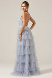 A Line Tiered Tulle Backless Grey Blue Bridesmaid Dress