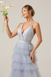 A Line Tiered Tulle Backless Grey Blue Bridesmaid Dress