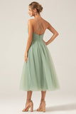 Matcha A-Line Spaghetti Straps Tea-Length Corset Tulle Bridesmaid Dress