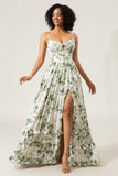 Green A-Line Spaghetti Straps Printed Pleated Long Prom Dress With Slit