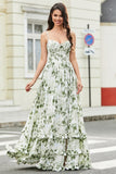 Green Ruffled A-Line Floral Bridesmaid Dress with Slit