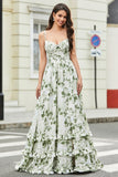 Green A-Line Spaghetti Straps Printed Pleated Long Prom Dress With Slit