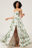 Green A-Line Spaghetti Straps Corset Floral Bridesmaid Dress With Slit