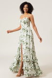 Green A-Line Spaghetti Straps Corset Floral Bridesmaid Dress With Slit