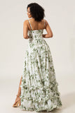 Green A-Line Spaghetti Straps Corset Floral Bridesmaid Dress With Slit